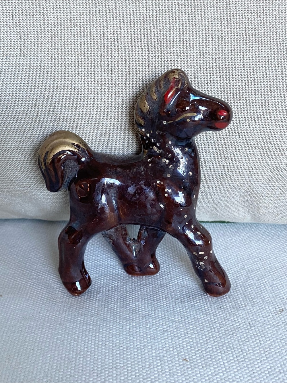 Vtg Japanese Redware Horse Pony Figurine Brown Gold Glaze 4”